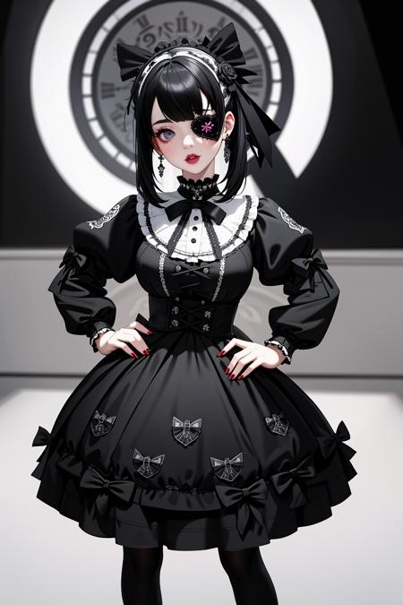 01219-2021069817-((Masterpiece, best quality)), edgQuality,bimbo,glossy,(hands on hip)_GothGal, a woman in a black and white dress,ribbon,lace,go.png